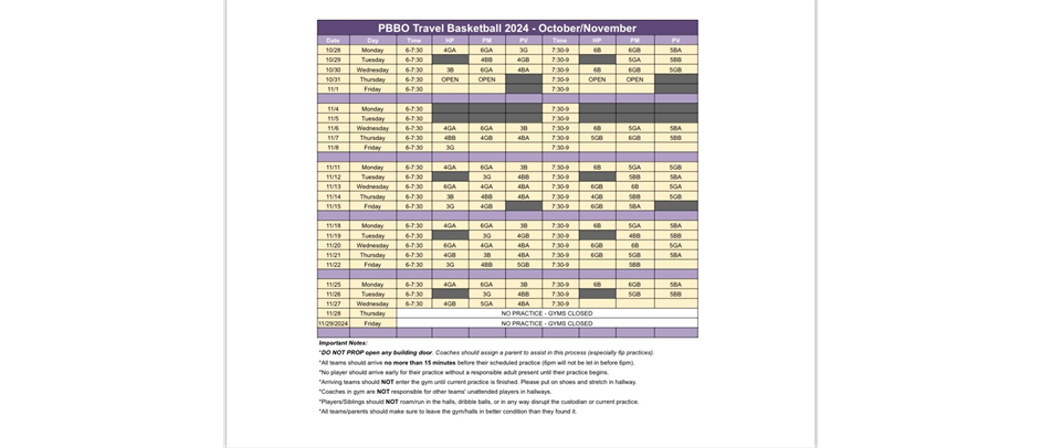 October and November Practice Schedule