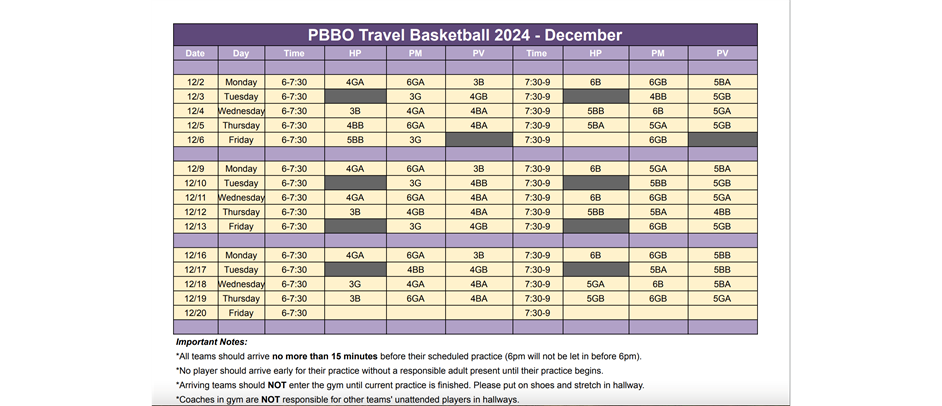 December Practice Schedule