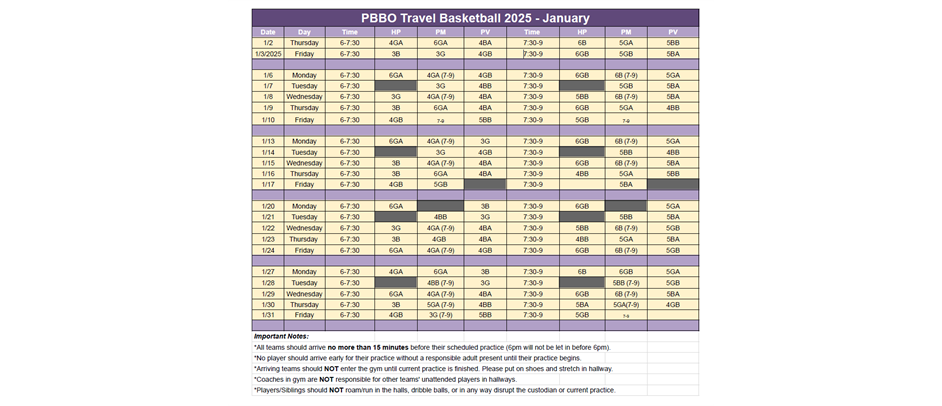 January Practice Schedule